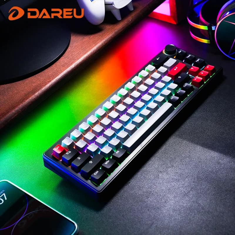 DAREU 2.4G Wireless Mechanical Gaming Keyboard 4000mAh Red Switch All Key Non-conflict Rainbow Lighting with Multifunction Knob