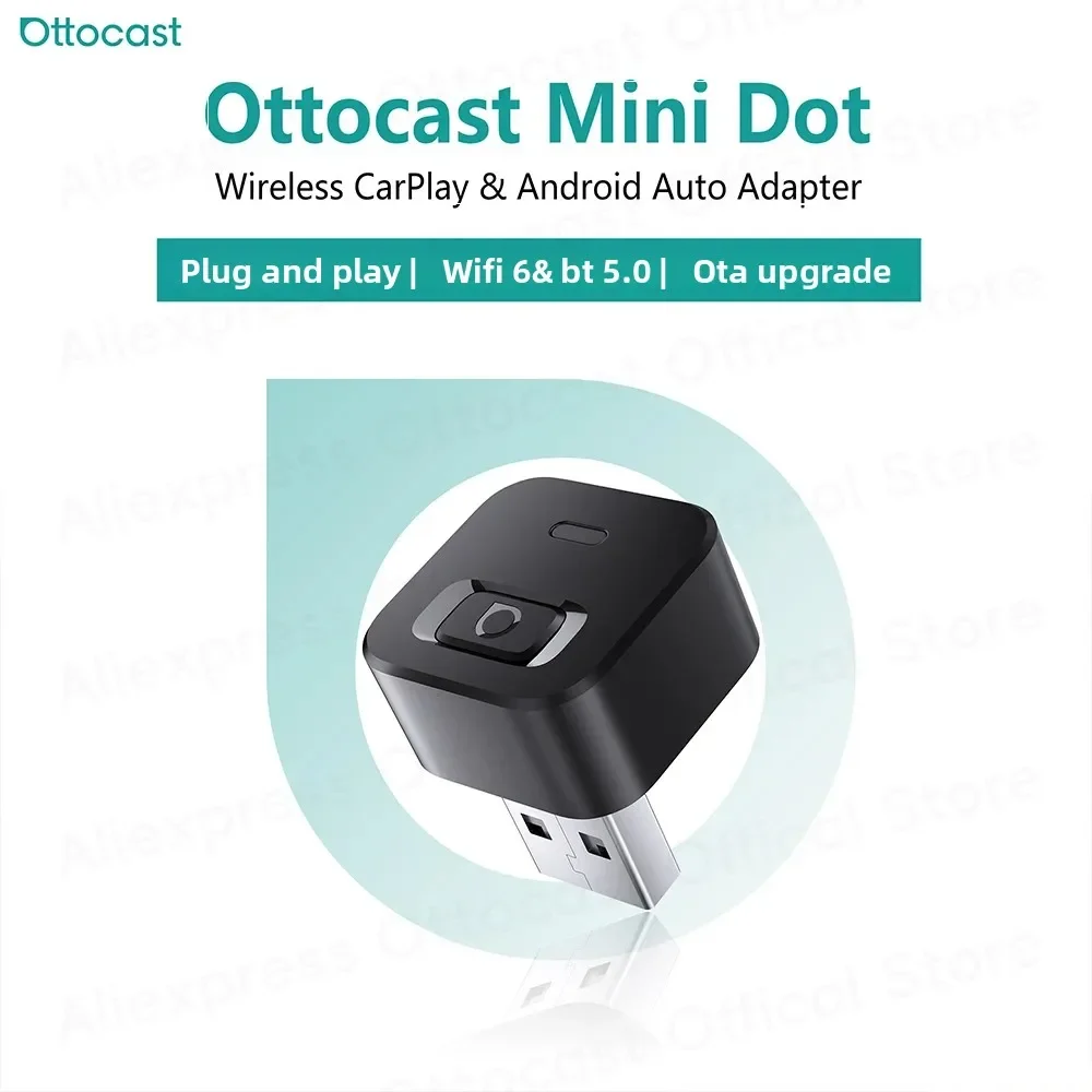 OTTOCAST Mini Dot Cube Wireless CarPlay Android Auto Adapter 2 in 1 USB AI Car Accessories for Totoya VW Benz Chevrolet Hyundai