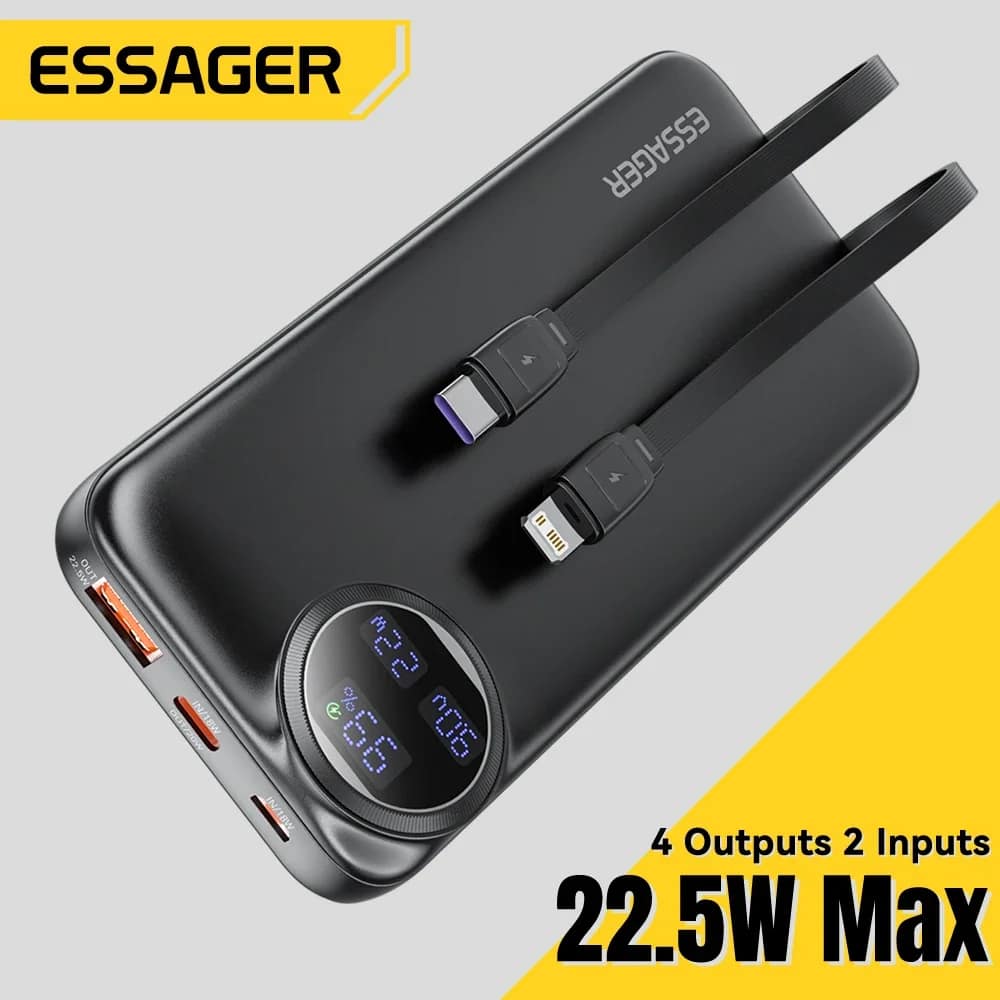 Essager Power Bank 20000mAh Portable Charger with Built-in Cable Digital Display Battery Capacity 22.5W For iPhone 15 14 13 Pro