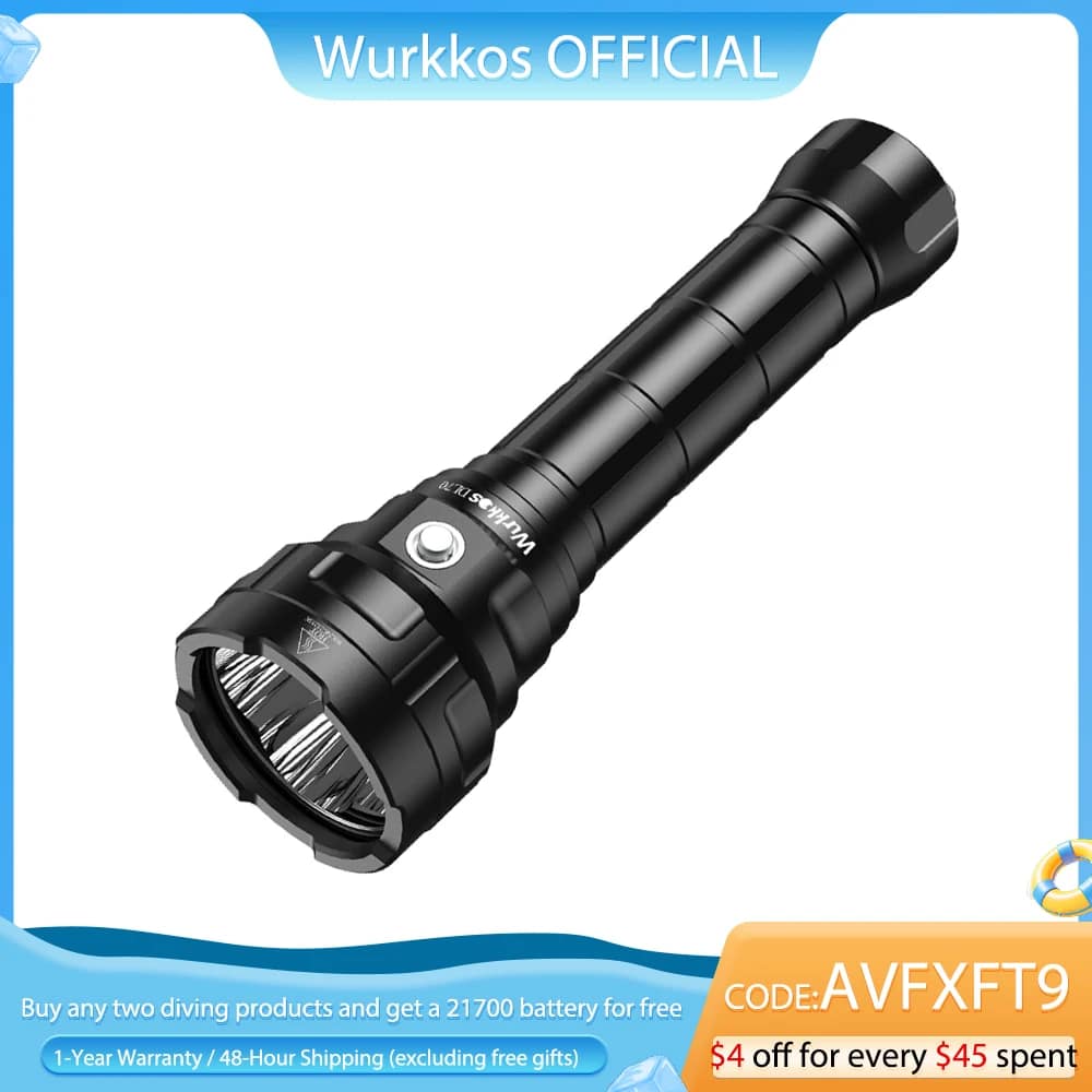 Wurkkos DL70 Scuba Diving Flashlight Ultra-Bright Dual 26650 Battery 13000 Lumens IPX8 Waterproof LED Light 4*XHP50B 4 Modes