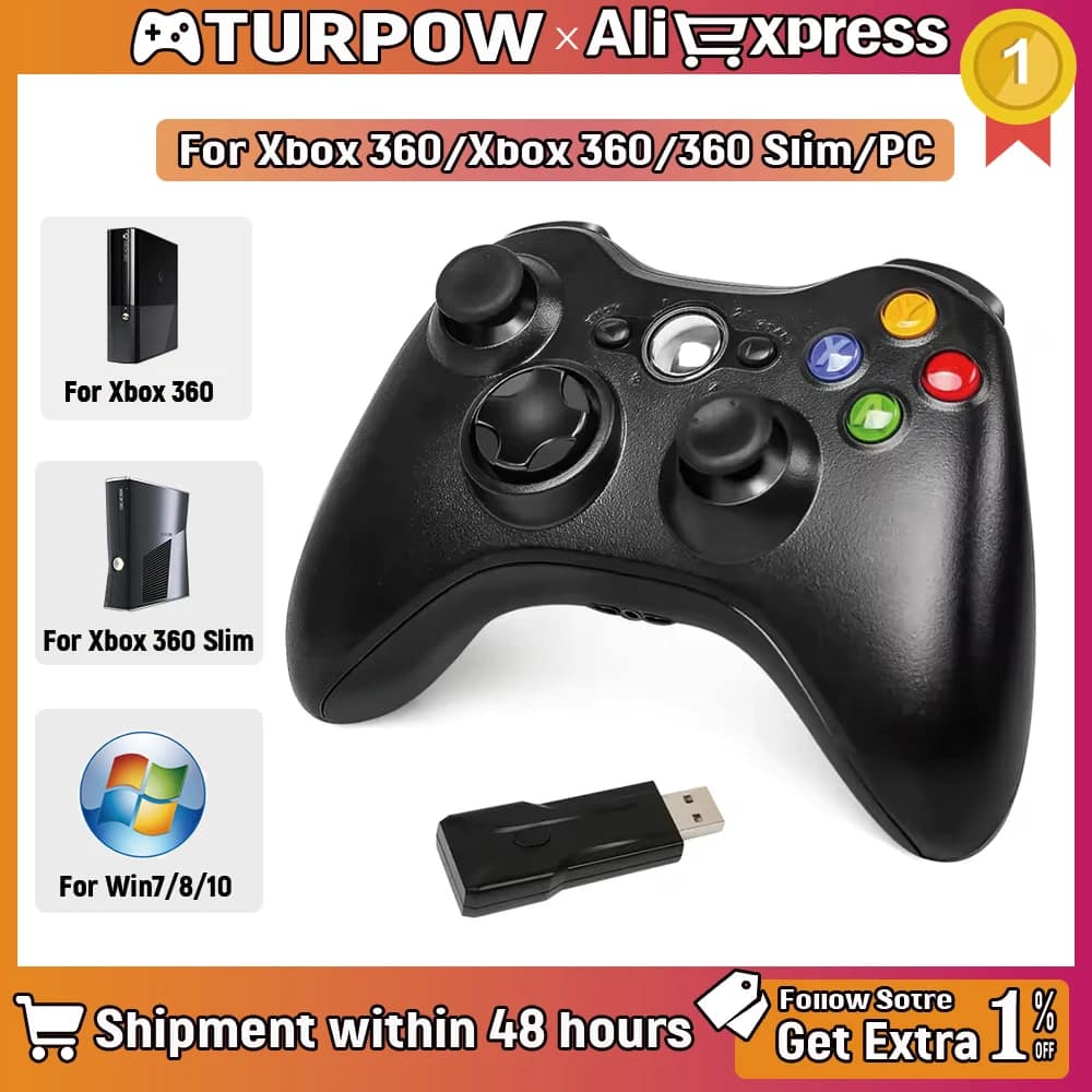 Wireless Gamepad Controller 2.4GHz ,Dual-Vibration Turbo Function ,For Xbox 360/360 Slim/Pc Game Controller Joystick