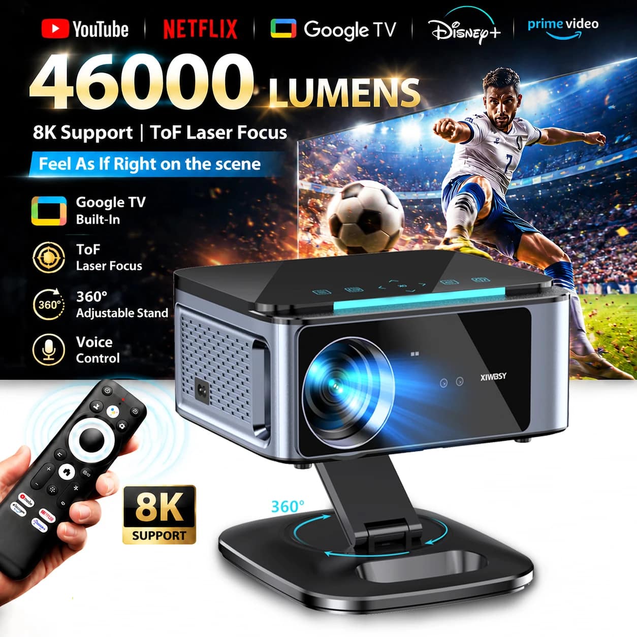 XIWBSY 4K Ultra HD Projectors 46000Lumens Home Theater Google TV Smart Projector TOF Laser Focus Projector Daylight Projector