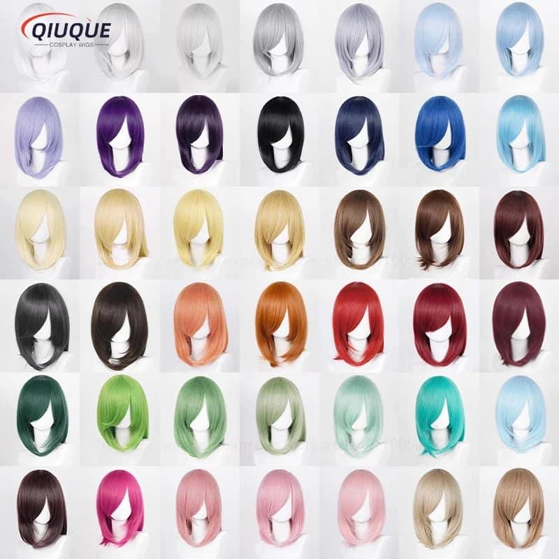 54 Colors 40CM Cosplay Wig Medium Basic Bangs Black White Red Pink Green Brown Gold Blue Heat Resistant Hair Anime Wigs +WigCap