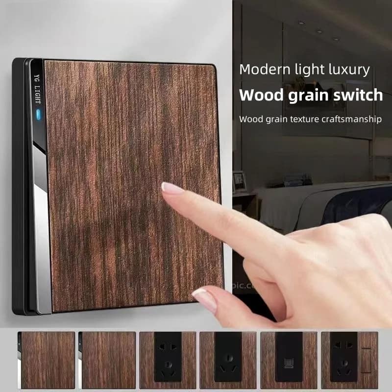 Button Switch Panel European Standard 86 Type Wood Grain Retro Minimalist Modern Style Night Led Indicator Light 1 2 3 4 Gang