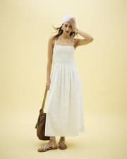 River Island Womens Maxi Dress White Broderie Shirred Sleeveless Square Neck