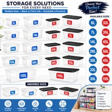 Plastic Storage Boxes with Black or Clear Lid Stackable Home Reusable Containers