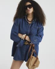 River Island Womens Shirt Mini Dress Blue Denim Oversized Collared Long Sleeve