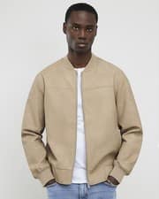 River Island Mens Bomber Jacket Beige Faux Leather Long Sleeves Outerwear Top