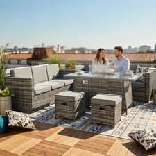 8-Seater Rattan Furniture Set with Fire Pit Table and Side Table & Stool Grey