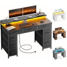 Computer Desk with Drawers, 120 cm Gaming Desk with LED Lights & Power Outlets
