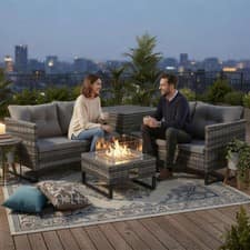 4-Seater Rattan Furniture Set with Fire Pit Table and Side Storage Box Grey