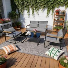 BIRCHTREE Garden Furniture Set 4-Seater With Glass Coffee Table Rattan 4 Pieces
