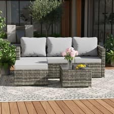 Garden Rattan Furniture Set Corner Sofa 4 Seaters Glass Coffee Table Patio Grey