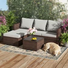 Garden Rattan Furniture Set Corner Sofa 4 Seaters Glass Coffee Table Patio Brown