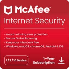 McAfee Internet Security 2026 1, 3, 10 Device 1 or 2 Year Antivirus Auto Renewal