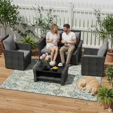 Rattan Furniture Set 4PCS Table Patio Garden Armchair Sofa Glass Coffee Black