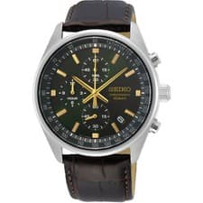 Seiko Essentials Mens Quartz Watch SSB385P1 Chronograph Green Dial Leather 100M