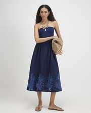 River Island Womens Midi Dress Bandeau Navy Cotton Embroidered Sleeveless