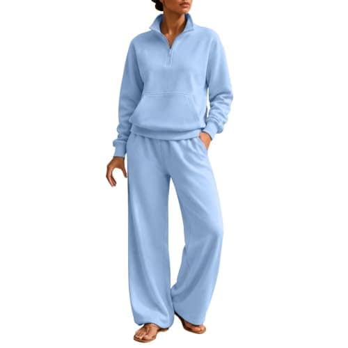 Womens Half Zip Loungewear Set, 2 Piece Outfit Hoodie & Wide Leg Trousers