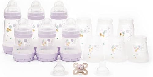 MAM Anti-Colic Bottle and Dummy Set, 17 Pieces, Lilac (Designs Vary)