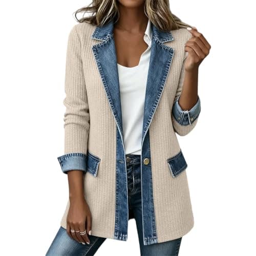 Women's Denim Patchwork Collared Shirt Jacket, Button Cardigan