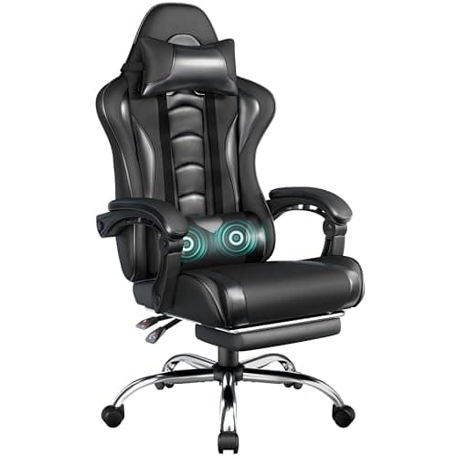 Yaheetech Gaming Chair with Massage Lumbar Support & Footrest Full Black