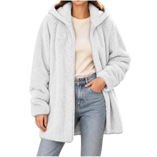 Women’s Long Fleece Jacket, Soft Fuzzy Hooded Winter Coat