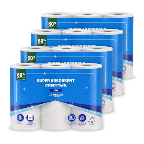 by Amazon Super Absorbent Kitchen Towel, 3-ply, 12 Rolls (4 Packs of 3), 80 Sheets per Roll