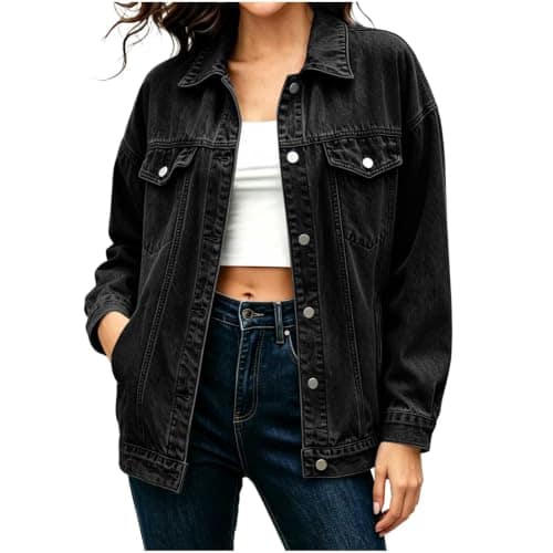Womens Denim Jacket with Stand Collar, Button Down and Flap Chest Pockets