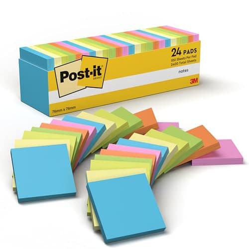 Post-it Notes, 24 Pads (2400 Sheets), 76 mm x 76 mm, Assorted Colours