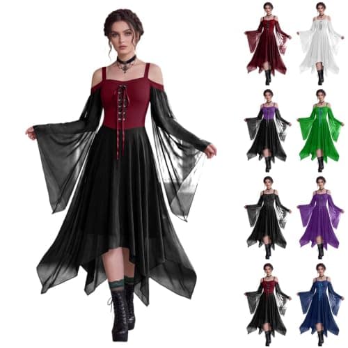 Women's Gothic Patchwork Corset Halloween Dress with Trumpet Sleeves