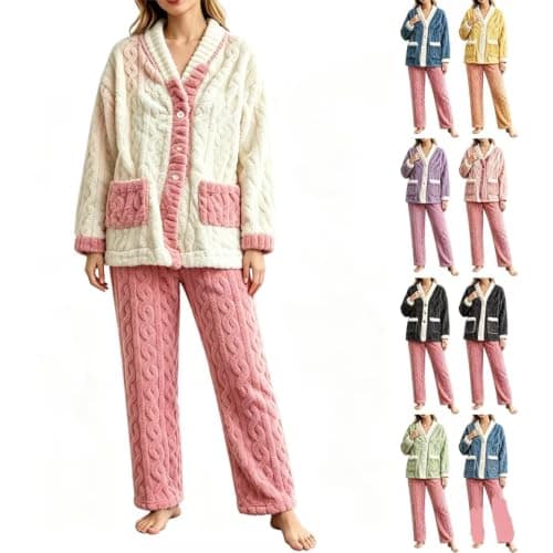 Women's Thick Fleece Pyjama Set, Two-Piece Winter Sleepwear