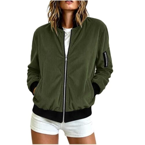 Jackets for Women UK Corduroy Bomber Jacket Stand Up Collar Jacket with Sleeve Zipper Casual