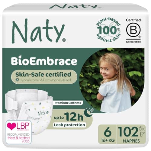 Naty BioEmbrace Baby Nappies, Sensitive Skin, Size 6 (16+kg), 102 Count