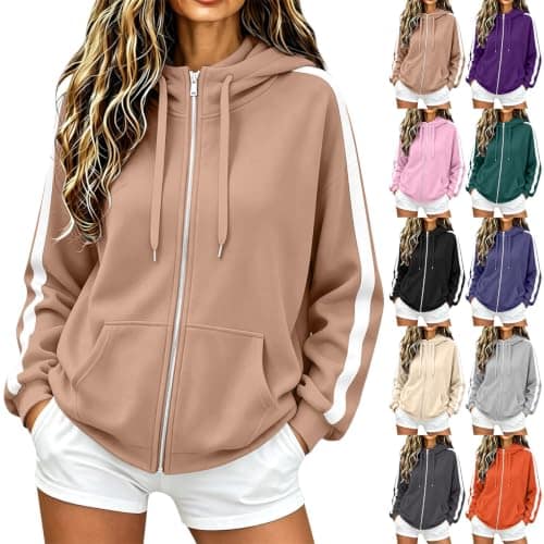 Women's Zip-Up Hoodie with Drawstring and Kangaroo Pocket
