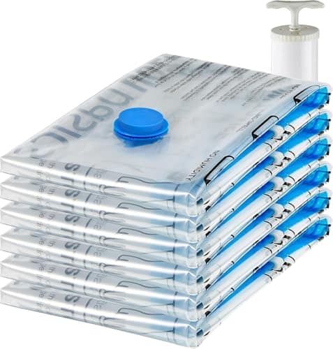 Amazon Basics Vacuum Compression Zipper Storage Bags with Airtight Valve and Hand Pump, Jumbo, 6-Pack, Clear