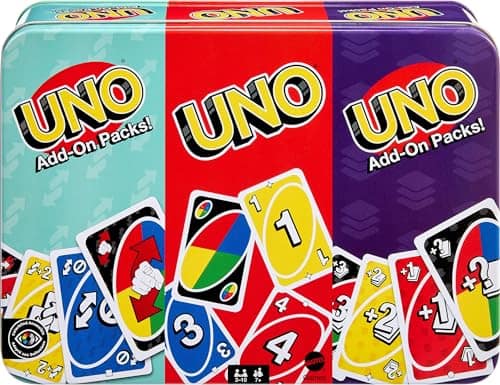 ​Mattel Games UNO Card Game with 2 Add On Packs with Storage Tin