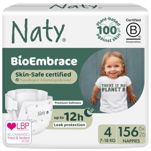 Naty BioEmbrace Baby Nappies, Sensitive Skin, Size 4 (7-18kg), 156 Count