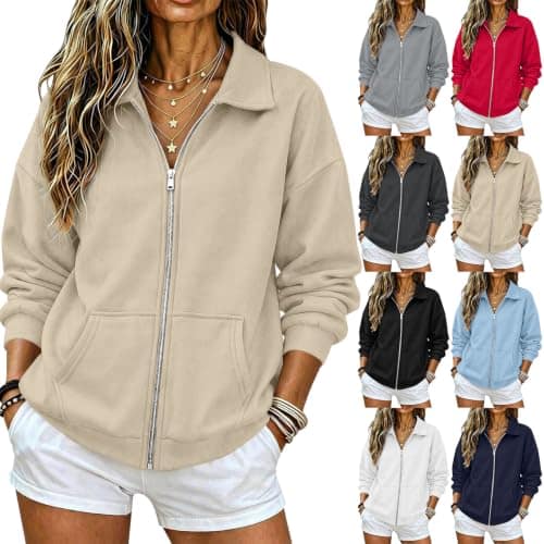Sweatshirts For Women UK Full Zip Fashion Turndown Collar Ladies Sweatshirts Without Hood