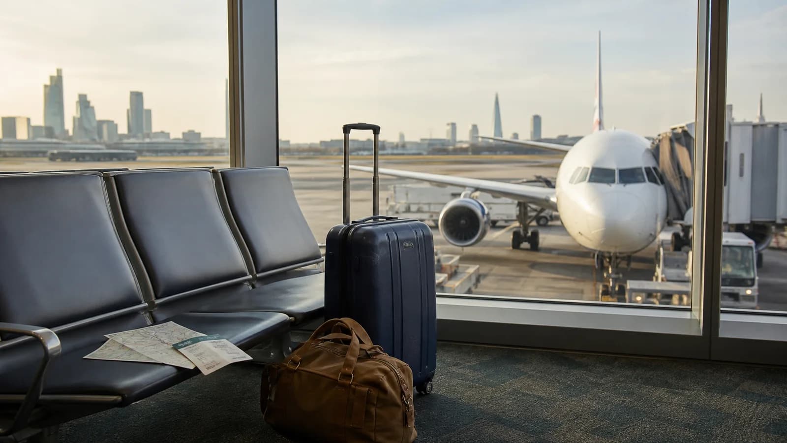 Cabin luggage beside airport seating with a passenger aircraft at the gate