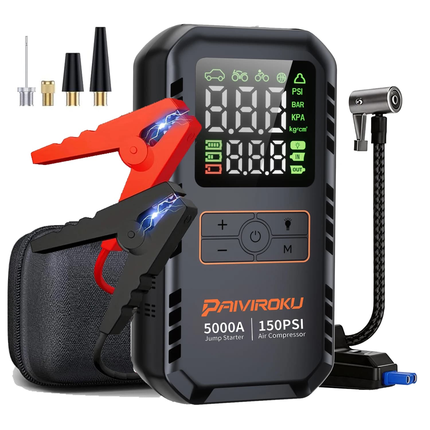 PAIVIROKU 4-IN-1 Car Jump Starter with Air Compressor 5000APeak Auto Battery Booster 150PSI Air Pump Power Bank Tire Inflator, image 1 of 6