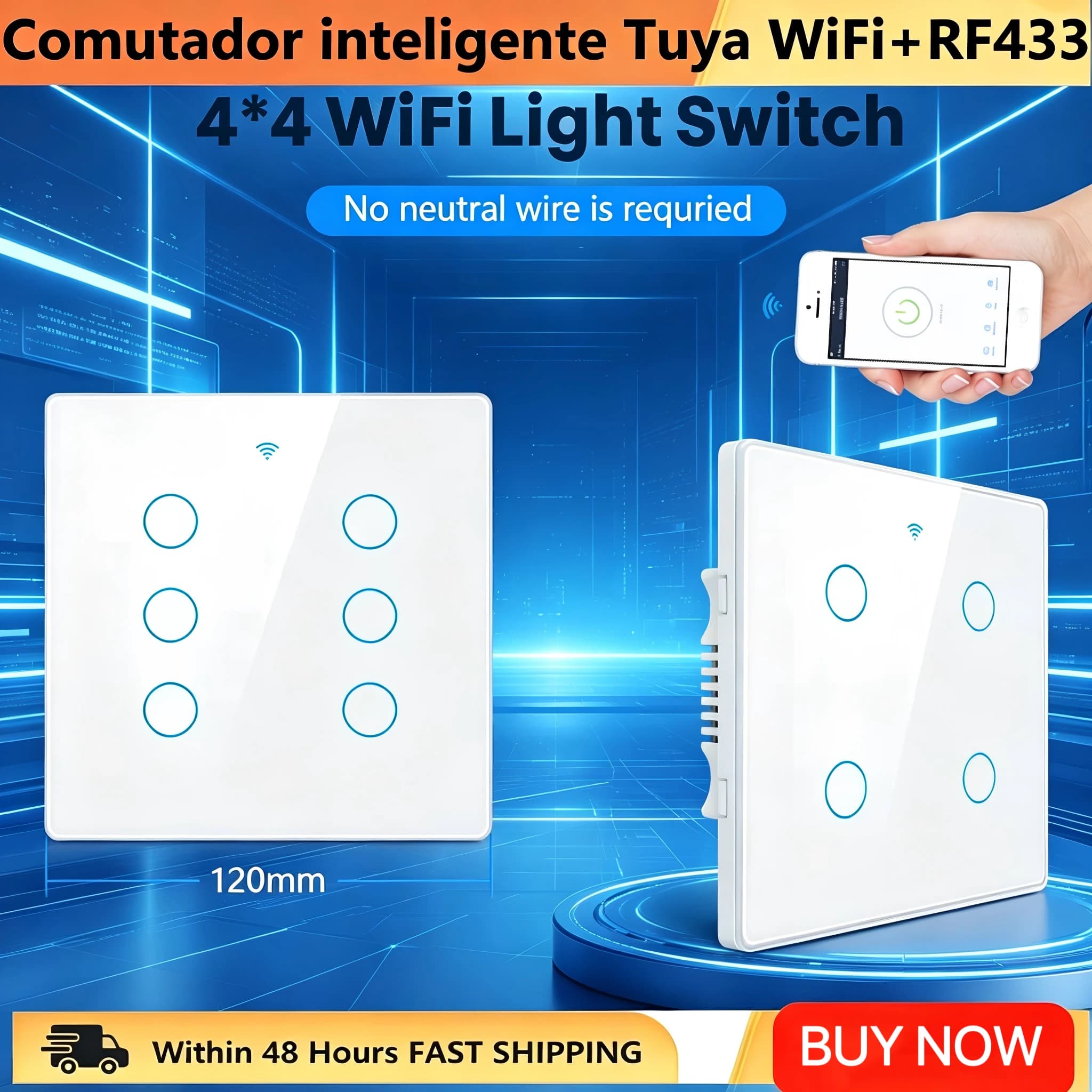 Wi-Fi Smart Switch Tuya Brazil 4*4 No Neutral 4/6 Gang Touch Light Wall Switch RF433, image 1 of 6