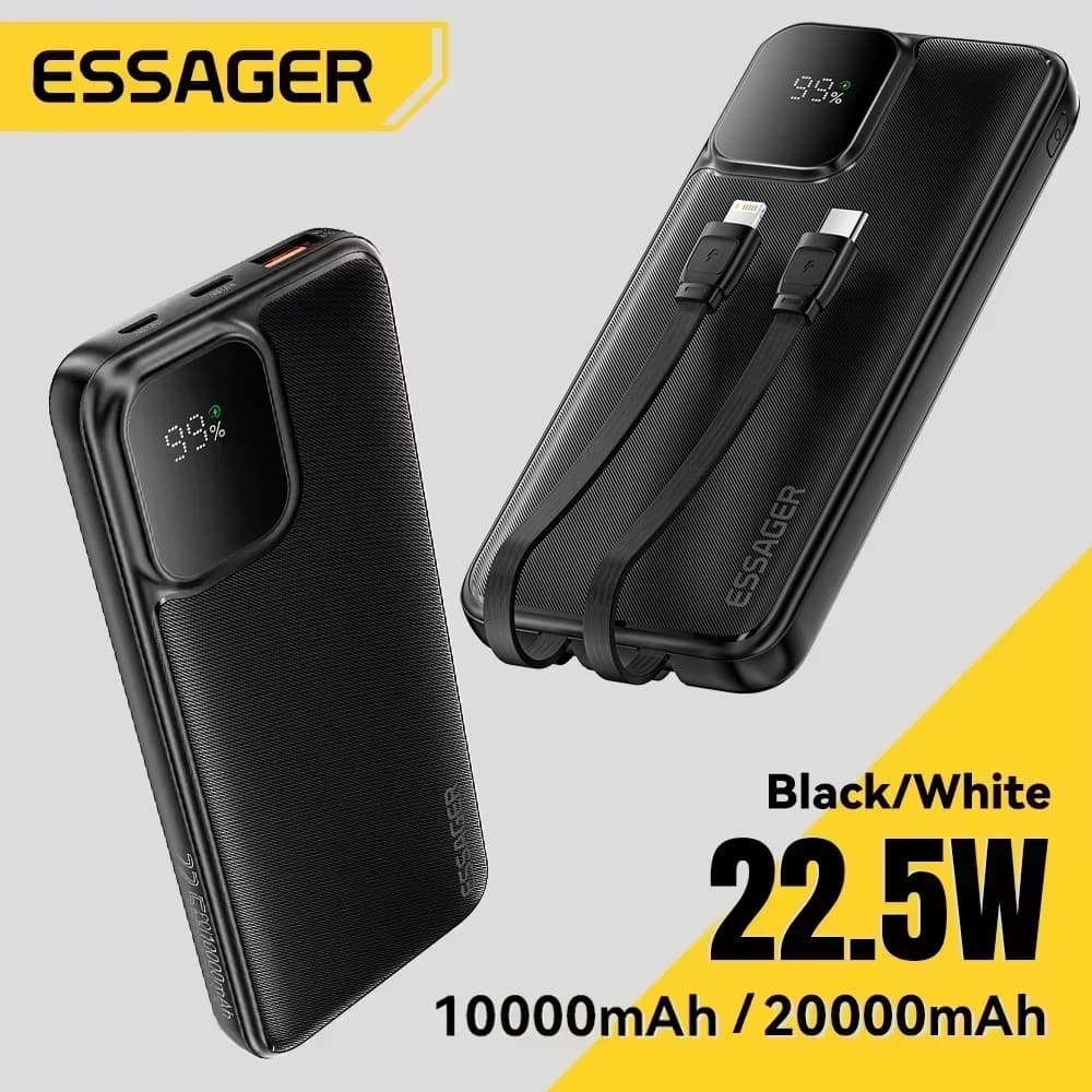 Essager Portable Power Bank 20000mAh with Two Built-in Cables External Battery PD 22.5W Fast Charging For iPhone 17 16 15 Xiaomi, image 1 of 6