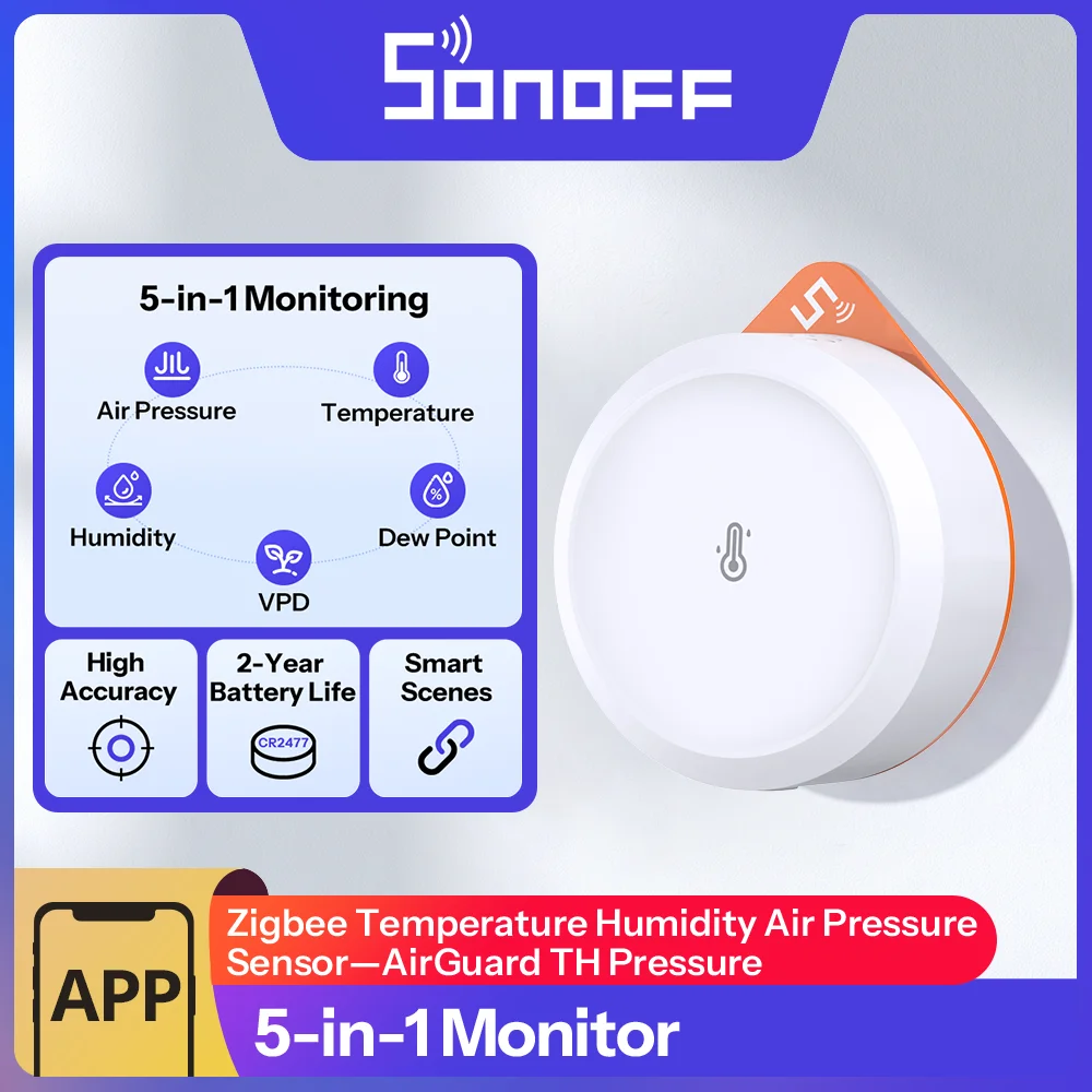 Sonoff Air Pressure Sensor Zigbee Temperature Humidity Barometric Smart Home Indoor Weather Monitor APP Alert Office SNZB-02M, image 1 of 6