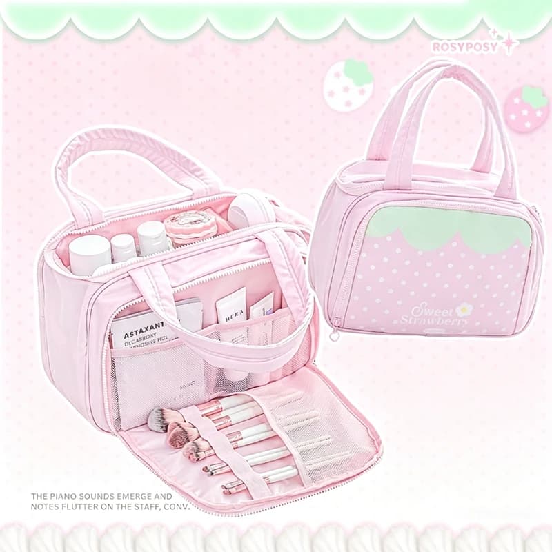 Large-capacity Partitioned Makeup Bag Sweet Cute Strawberry Musical Notes Handbag Portable Multi-layer Travel Toiletry Bags, image 1 of 6
