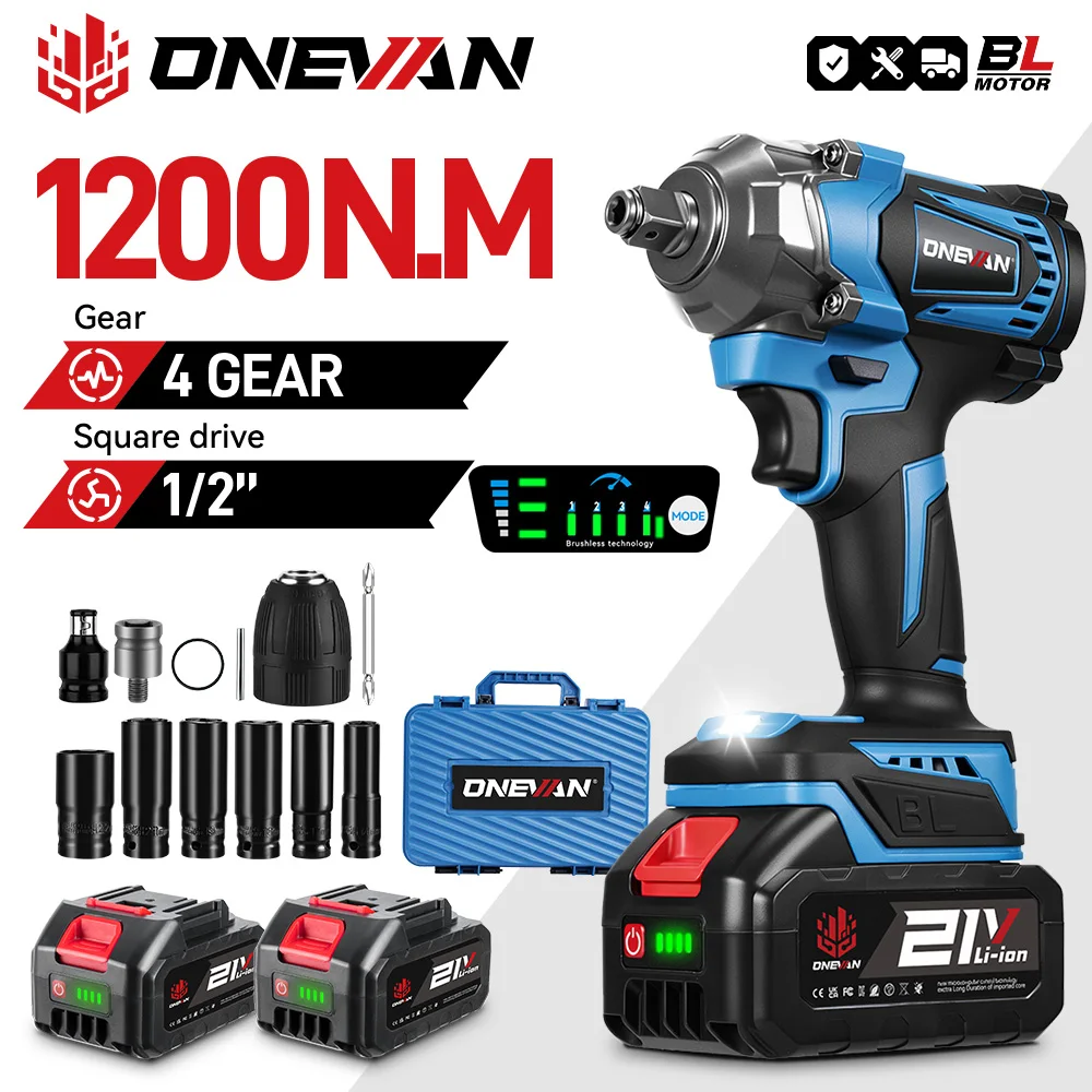 ONEVAN 1200N.M Brushless Electric Impact Wrench 1/2inch Cordless Torque Wrench Screwdriver Power Tool For Makita 18V Battery Pin, image 1 of 6