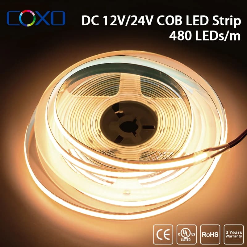 UL Listed COB LED Strip Light 320 480 LEDs/m 16.4ft High Density Flexible Tape Ribbon 3000-6500K RA90 Led Lights DC12V 24V, image 1 of 6