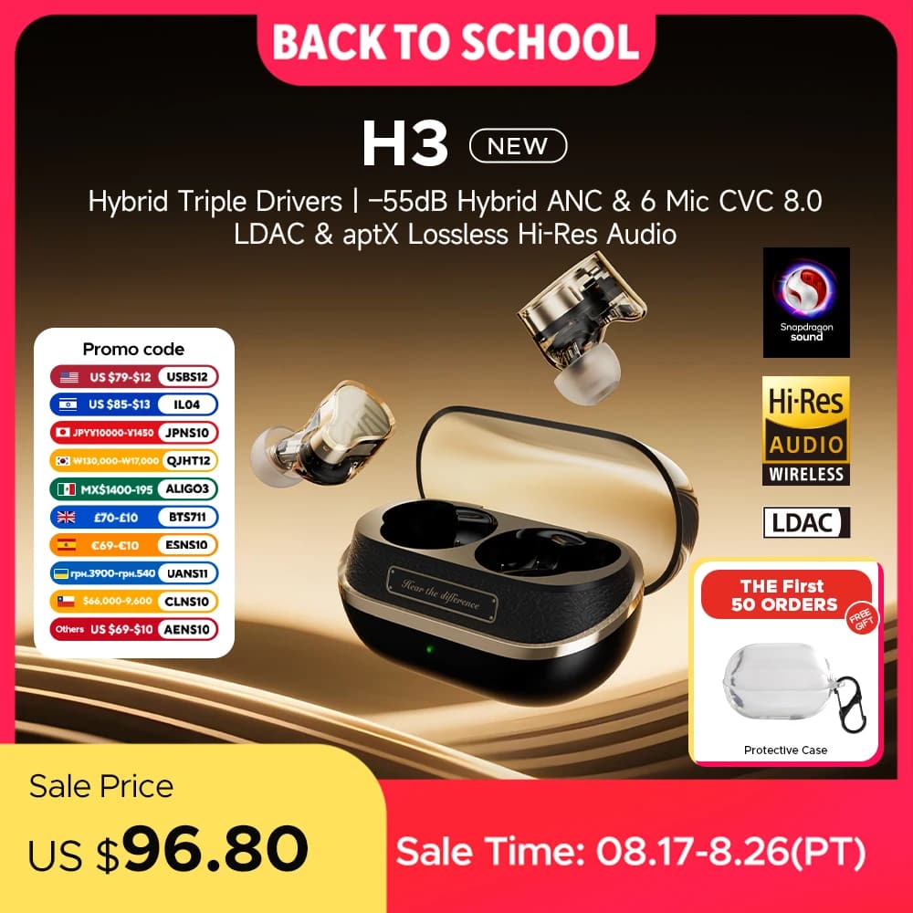 SoundPEATS H3 Wireless Bluetooth Earbuds Hybrid 3 Driver HiFi 55dB Adaptive ANC Headphones with LDAC AptX Lossless Hi-Res Audio, image 1 of 6