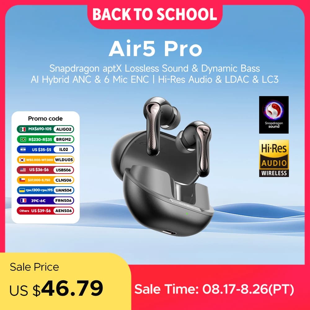 SOUNDPEATS Air5 Pro Wireless Earphones 55 dB Adaptive Hybrid ANC Bluetooth 5.4 Earbuds, Hi-Res LDAC AptX Lossless,6 Mics AI ENC, image 1 of 6
