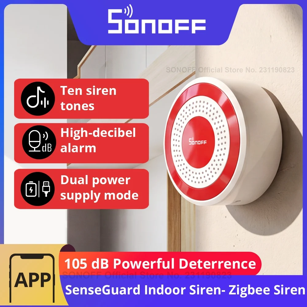 SONOFF SNZB-09P Zigbee SenseGuard Indoor Siren 105dB Loud Alarm Sound & Red Light Alerts USB & Backup Battery Dual Power Supply, image 1 of 6